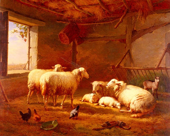 Sheep With Chickens And A Goat In A Barn, 1877