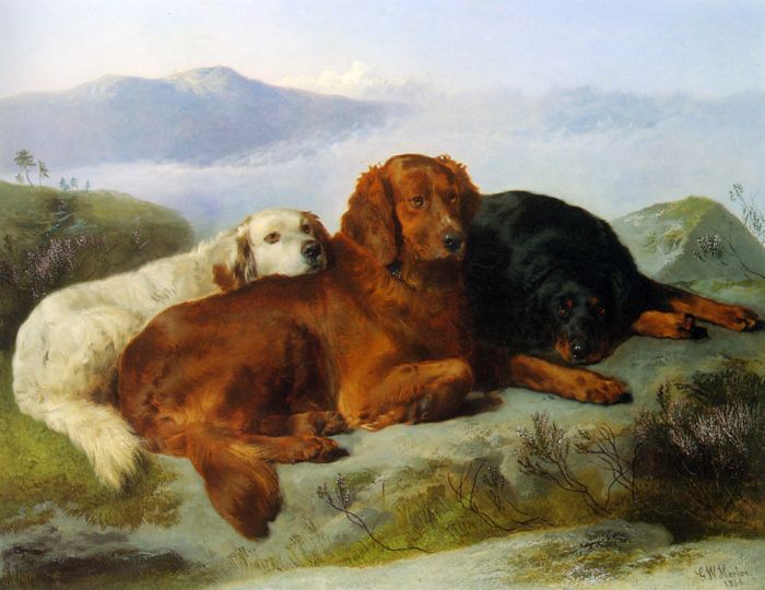 A Golden Retriever, Irish Setter, And A Gordon Setter In A Mountainous Landscape, 1866