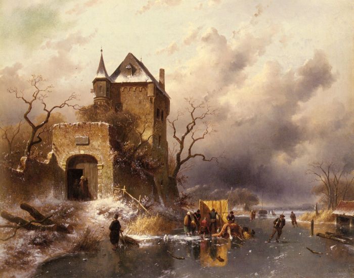 Skaters On A Frozen Lake By The Ruins Of A Castle, 1863