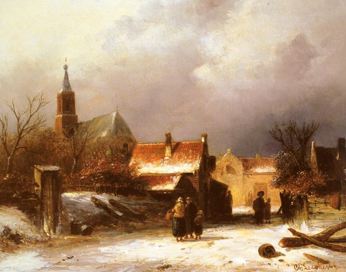 Figures On A Snow Covered Path With A Dutch Town Beyond