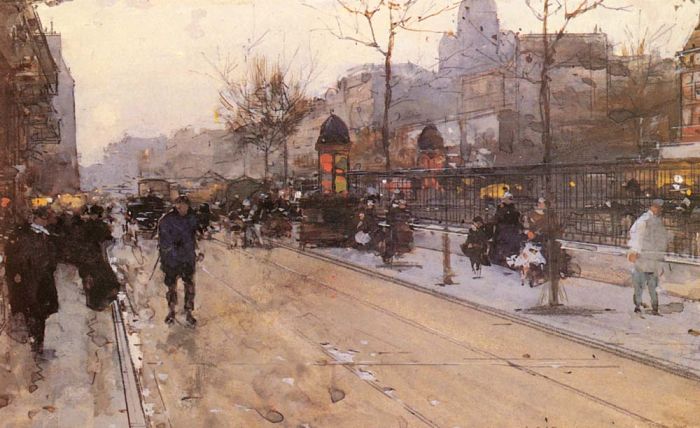 A Parisian Street Scene With Sacre Coeur In The Distance