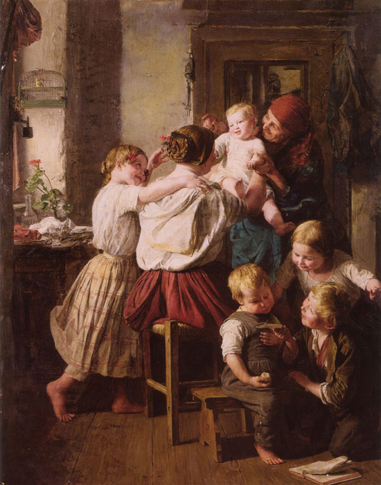 Children Making Their Grandmother A Present On Her Name Day