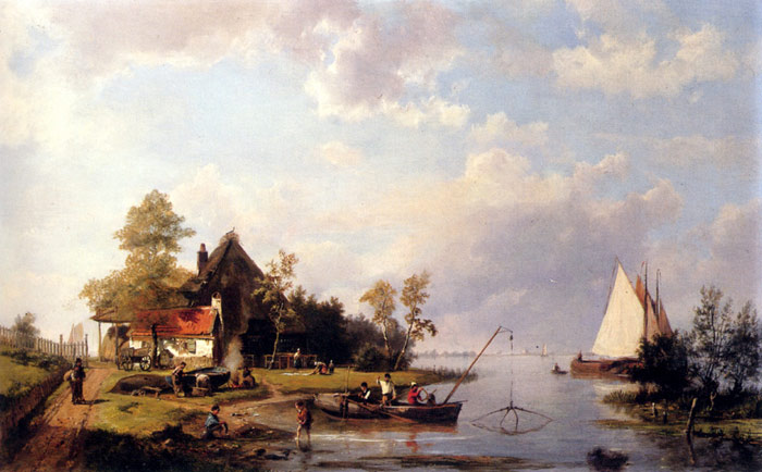 A River Landscape With A Ferry And Figures Mending A Boat - Click Image to Close