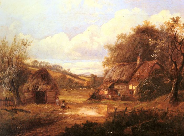 Landscape With Figures Outside A Thatched Cottage