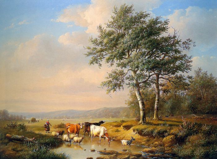 An Extensive Landscape With Cattle Watering , 1851