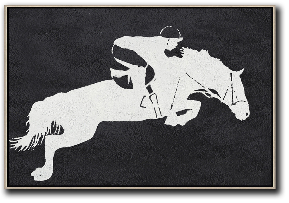 Horizontal Minimal Galloping Horse Art Painting Black and White  #MPH0A31