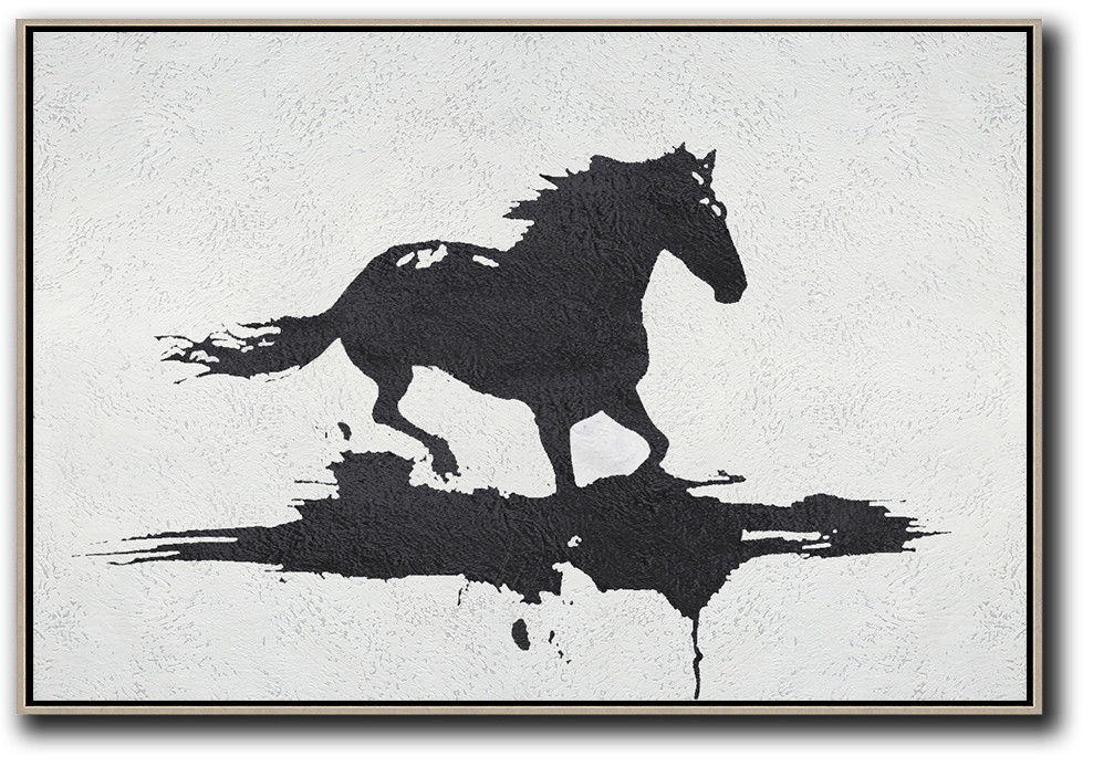 Horizontal Minimal Galloping Horse Art Painting Black and White  #MPH0A32