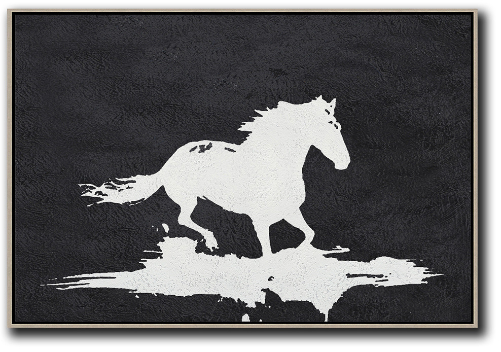 Horizontal Minimal Horse Art Painting Black and White #MPH0A33