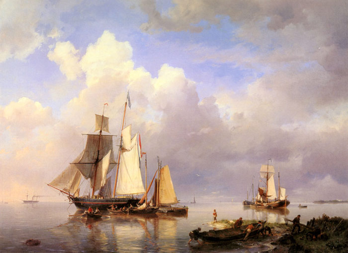 Vessels At Anchor In An Estuary With Fisherman Hauling Up Their Rowing Boat In The Foreground, 1857 - Click Image to Close