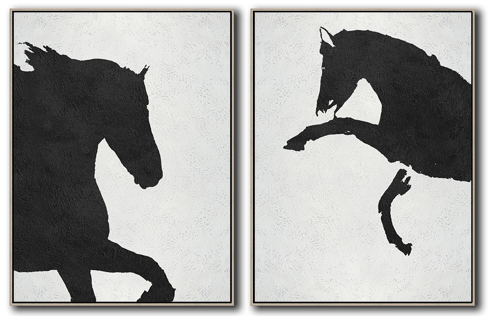 Set Of 2 Minimal Horse Art Painting - Black and White #SOTMA0B26