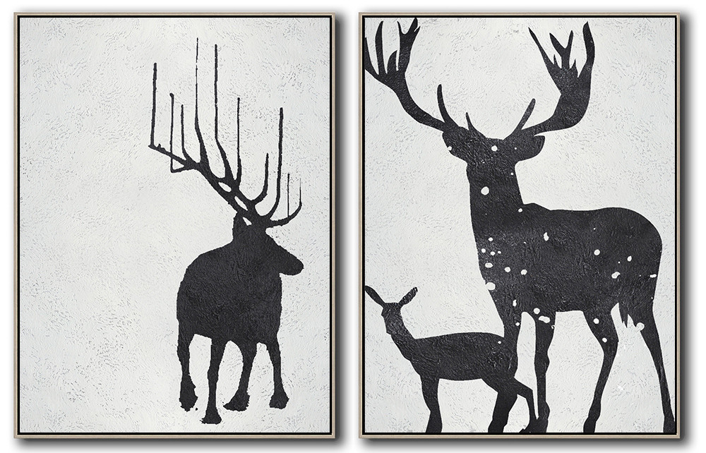 Set Of 2 Minimal Deer Art Painting - Black and White #SOTMA0B27