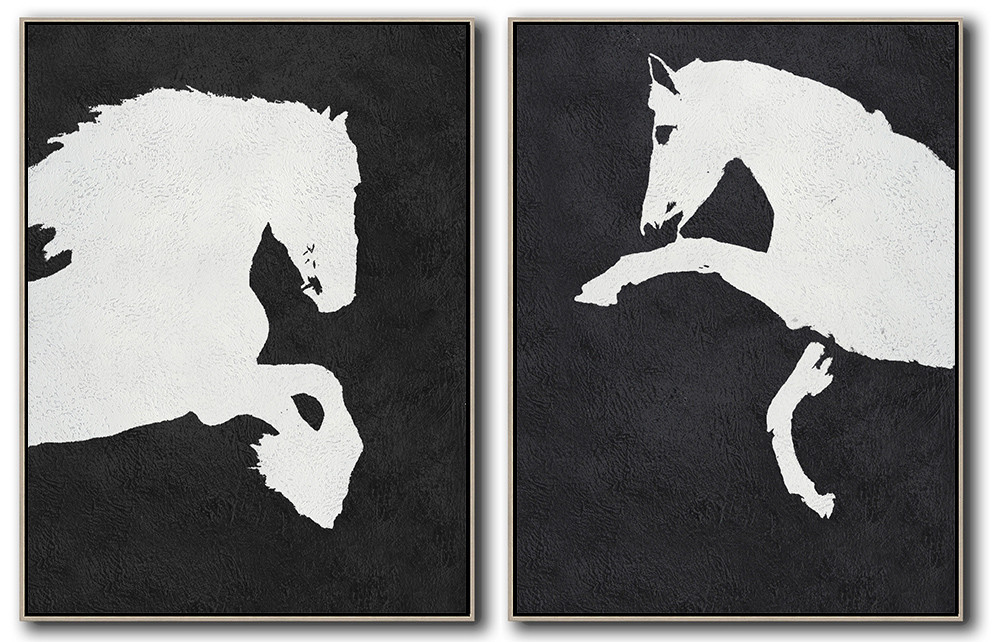 Set Of 2 Minimal Horse Art Painting - Black and White #SOTMA0B66